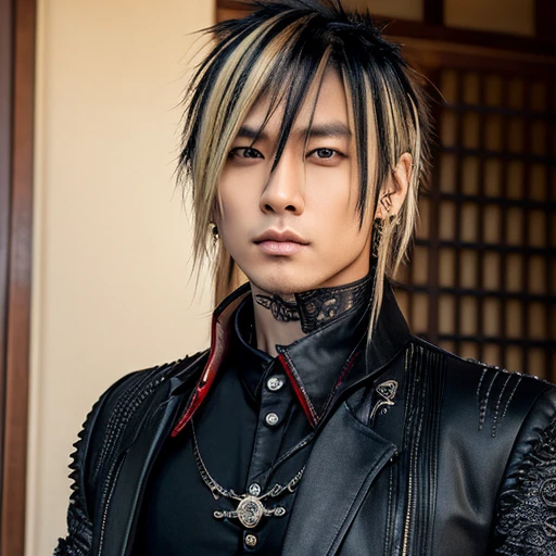 1 japanese male rocker, asien eyes, Visual Kai hairstyle, ultra detailed face and body, hyperrealistic, realistic representation, muscular, broad shoulders, tattoos gothic style, piercings, Visual Kei style, hairstyle Visual Kei, blond, 40 years old, age 40 outfit gothic streampunk, men's shirt and black pants, Asian eyes, eyes Asian, long hair, long hair