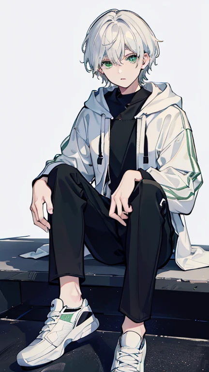 masterpiece, Facial details, Very detailed, 8K, Modern Style, ((One young man)), woman, Short white hair, Green Eyes, White hoodie, Black trousers, I can see the shoes, White Background, joy, sit down,