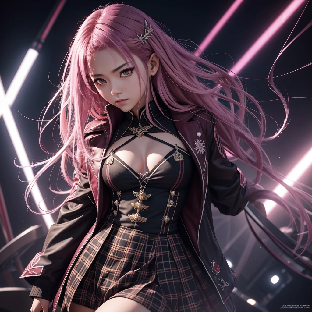 A young woman with long, vibrant pink hair wearing a black lace dress against a colorful, neon-lit background