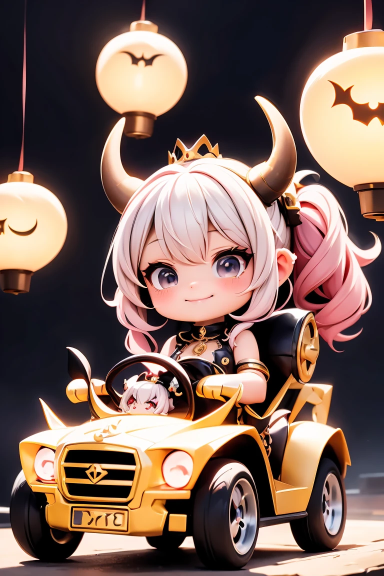 a cute horned demon queen smiling, wearing a queen crown, intrincate hairstyle, steampunk street at night illuminated by candles and lanterns, driving a steampunk funny carriage racing kart