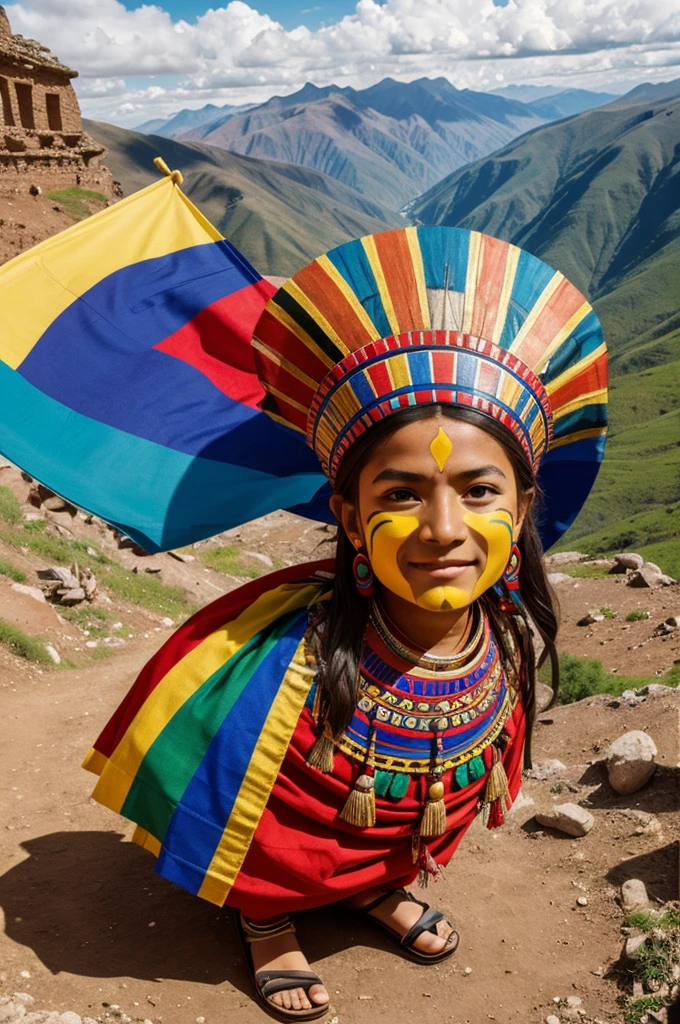 Date: 2005
Country: Bolivia
Description: A Bolivian child wearing traditional attire joins a vibrant street parade, holding a kite adorned with pastel hues against the backdrop of a sunny day.