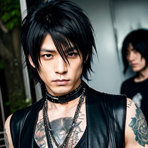 1 japanese male rocker, asien eyes, Visual Kai hairstyle, ultra detailed face and body, hyperrealistic, realistic representation, muscular, broad shoulders, tattoos gothic style, piercings, Visual Kei style, hairstyle Visual Kei, blond, 40 years old, age 40 outfit gothic streampunk, men's shirt and black pants, Asian eyes, eyes Asian, long hair, long hair