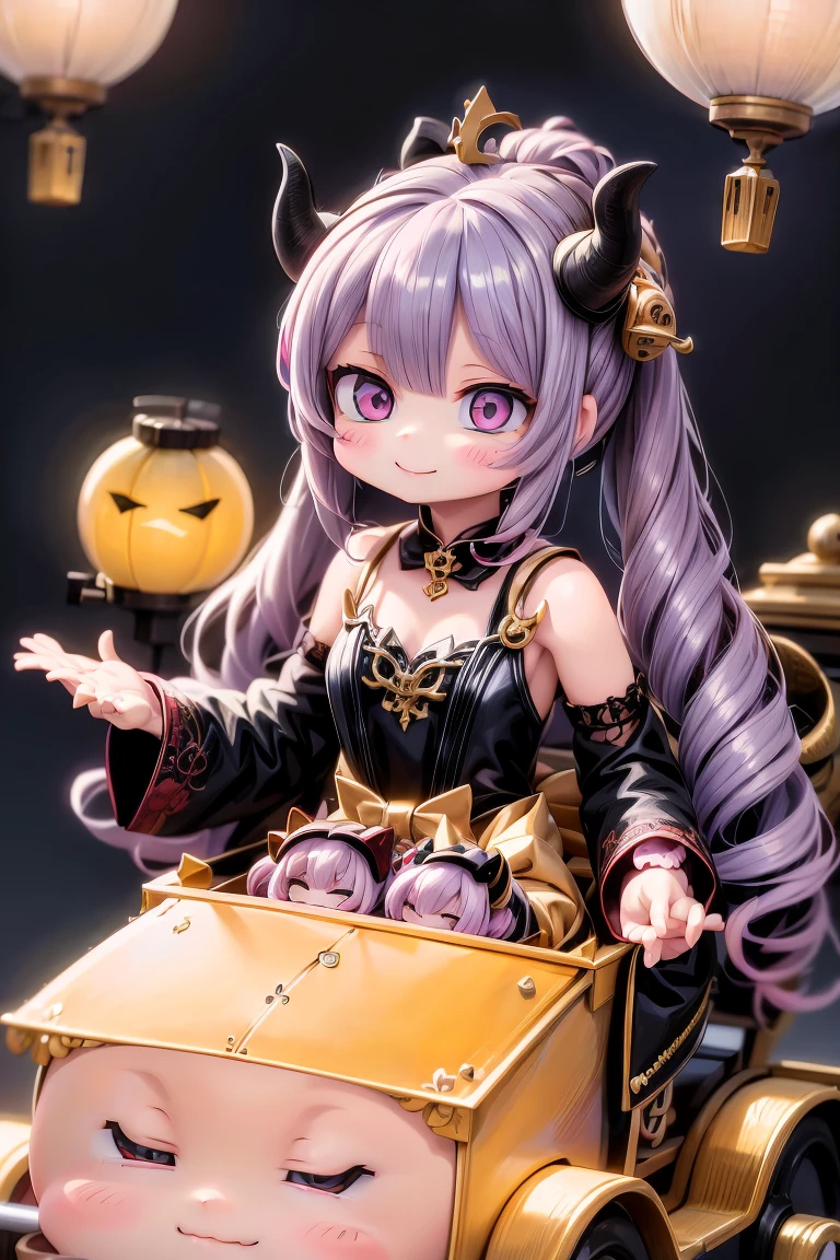 a cute chibi horned demon queen smiling, wearing a queen crown, intrincate hairstyle, steampunk street at night illuminated by candles and lanterns, driving a steampunk funny carriage racing kart
