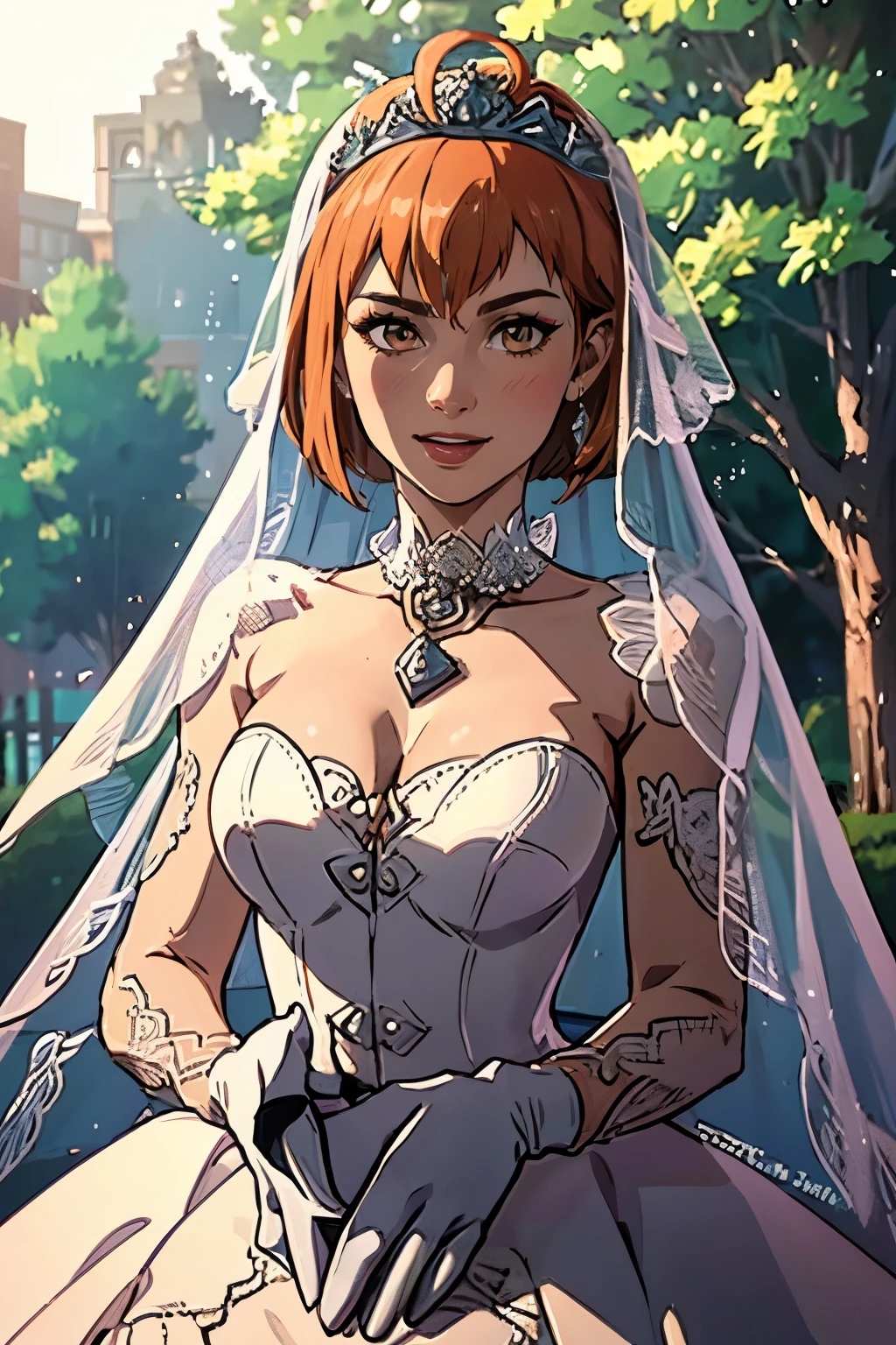 1girl ,leonie pinelli, orange hair ,short hair ,earrings ,lipstick, eye shadow, makeup, hair between eyes, ahoge, hair ornament, gloves, dress, cleavage, bare shoulders, collarbone, white oprea gloves, white gloves, white dress, strapless, white choker, tiara, veil, strapless dress, wedding dress, bridal veil, beautiful woman, perfect body, perfect breasts, wearing a wedding dress, ball gown,full body ,in the park trees, wedding decorations, looking at the viewer,  smile, realism, masterpiece, textured skin, super detail, high detail, high quality, best quality, 1080p,