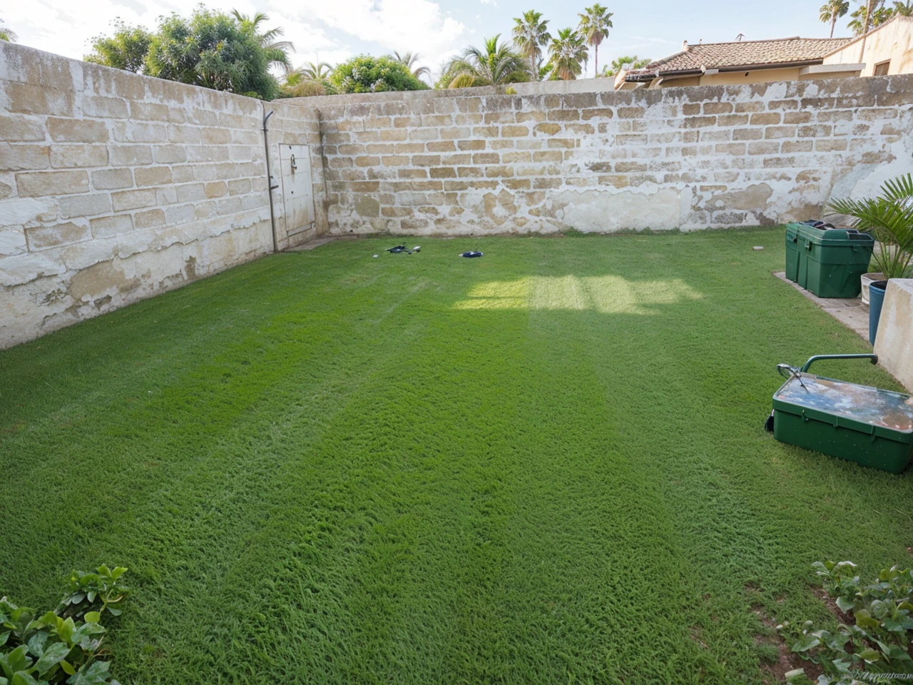 Modify this garden, paint white on wall, add palm trees