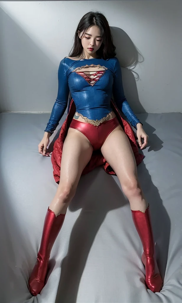 (((Highest quality、8K、masterpiece:1.3))、Supergirl、胸にSupergirlのロゴ、Eyes closed、Head facing down、hang down your neck、Sharp focus:1.2、Beautiful woman with perfect figure:1.4、Slim Abs:1.2、((Layered Cut、Huge boobs:1.2))、Wet body:1.5、非常に詳細な顔と肌の質感Supergirl、Bloodstained、Clothes are shredded、Torn、Highest quality, Familiar, High resolution), 1 Girl, Supergirl、Super Heroine、Bishoujo Warrior、defeat、Lying down&#39;return、fall、knock out、フィットしたSupergirlのコスチューム、Enlarge your breasts、Muscular、alone, From above,sleepy, sleepワイン, Doll joints、sleep、it hurts、it hurts look、syncope、cadaver、Beautiful crotch、High detail、8K