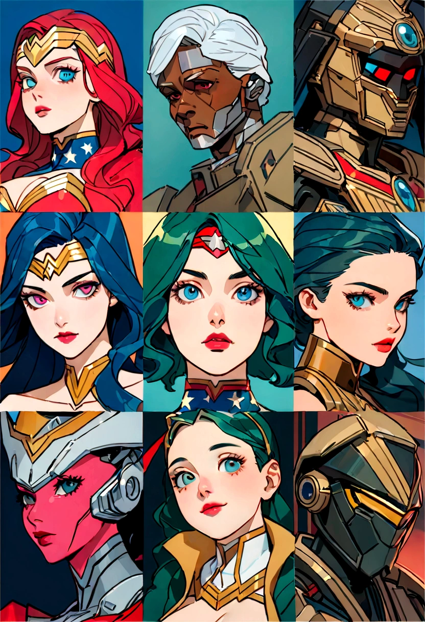 A close-up of a woman in costume and a group of aliens, james jean soft light 4 k, Expectoração de catarrh, catarrh : :, um art déco, portrait of wonder woman, inspired by Noriyoshi Ohrai, trends in art, mechanized soldier girl, Sci-Fi - Fi : :