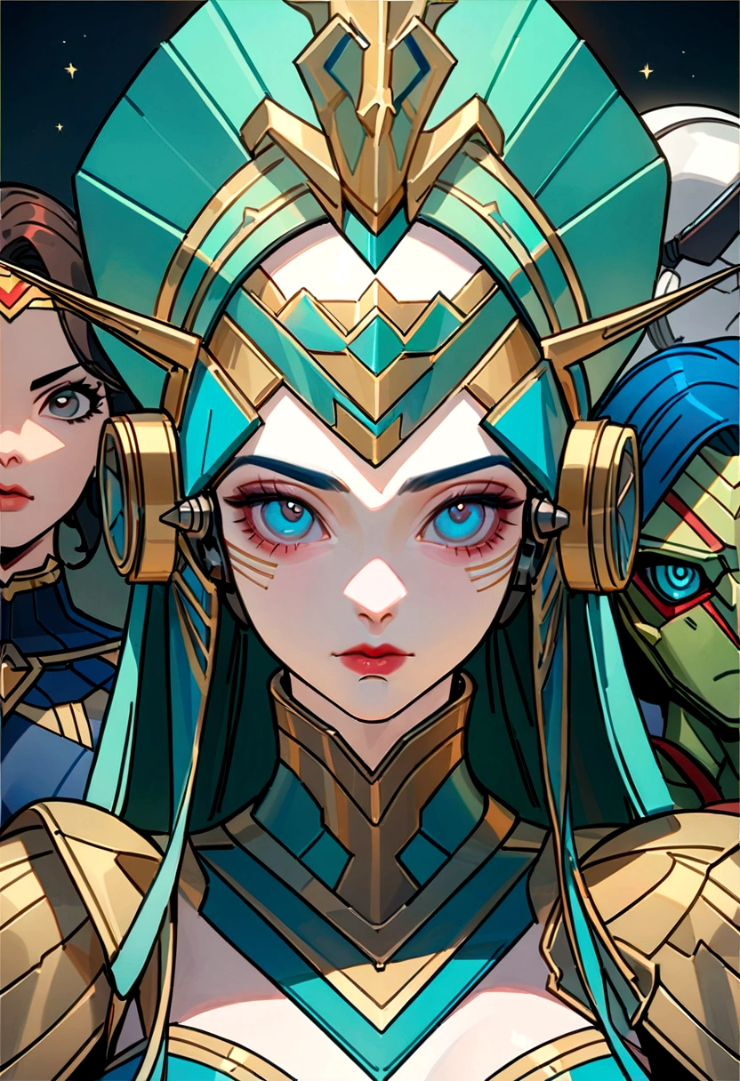 A close-up of a woman in costume and a group of aliens, james jean soft light 4 k, Expectoração de catarrh, catarrh : :, um art déco, portrait of wonder woman, inspired by Noriyoshi Ohrai, trends in art, mechanized soldier girl, Sci-Fi - Fi : :