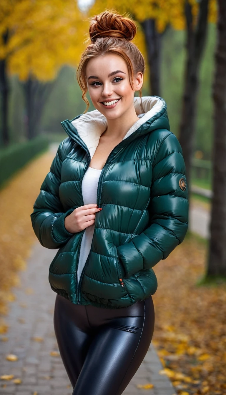 ultrarealistic high quality full body photo of a beautiful busty slim european 25-year-old woman with cute hyperdetailed shy face and natural redhead messy bun hair and shy smile , realistic round hazel eyes, natural lips, dark eye makeup with eyeliner, wearing casual hoodie with shiny puffer jacket and latex leggins, hourglass body, outdoor photography, tanned
