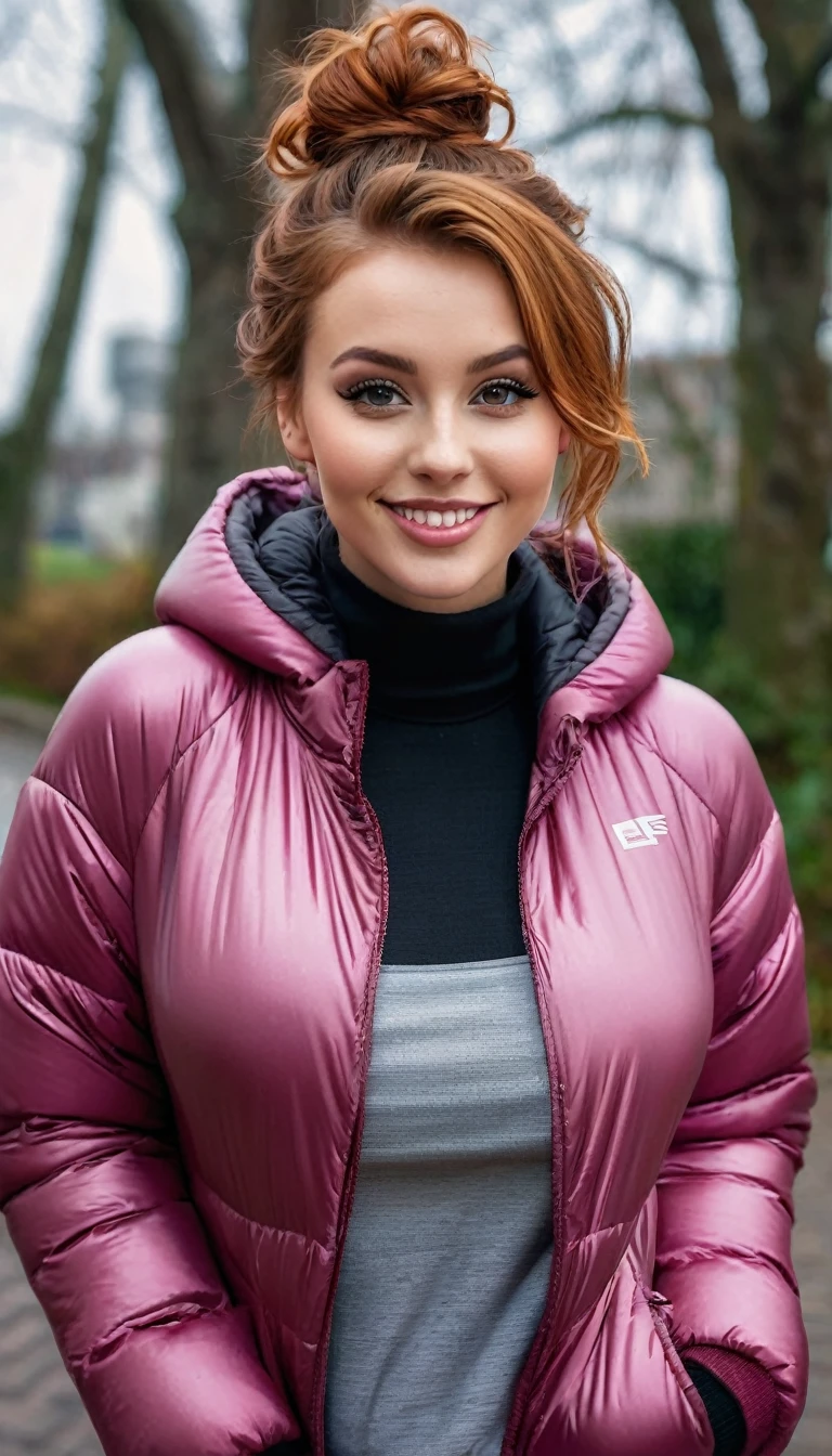 ultrarealistic high quality full body photo of a beautiful busty slim european 25-year-old woman with cute hyperdetailed shy face and natural redhead messy bun hair and shy smile , realistic round hazel eyes, natural lips, dark eye makeup with eyeliner, wearing casual hoodie with shiny puffer jacket and latex leggins, hourglass body, outdoor photography, tanned