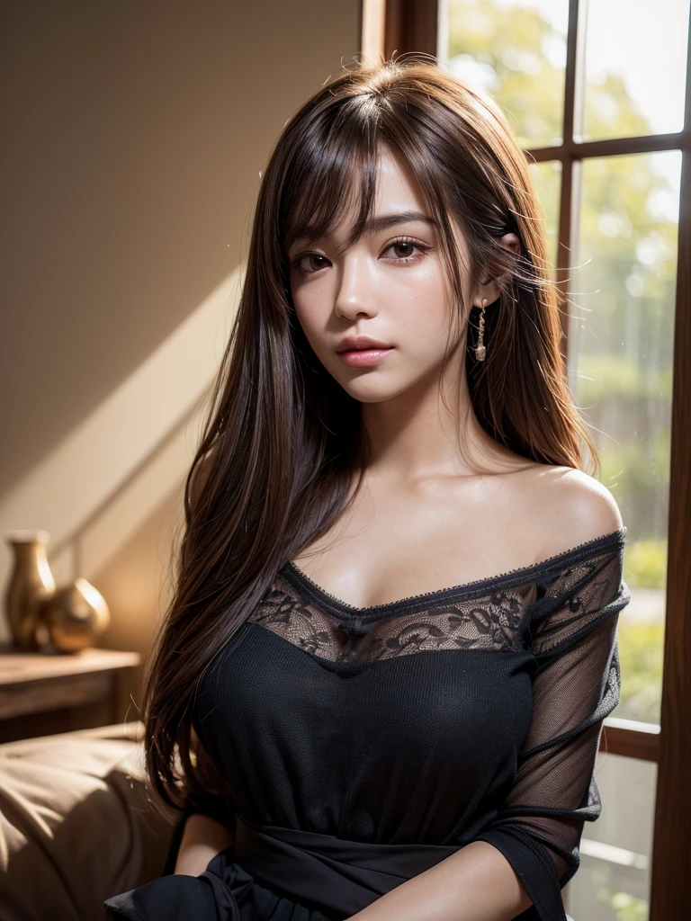 1girl, alone, solitary, high quality, (best quality,4k,8k,highres,masterpiece:1.2),ultra-detailed,(realistic,photorealistic,photo-realistic:1.37),gorgeous hair,light brown hair,long straight hair with bangs,puffy eyes,mole on the cheek,plump lips,jewelry,(high detailed skin:1.4),(light room:1.3),(rim lighting:1.3),(lit:1.3),(sunny day:1.3),indoors,portrait,smirk, waist-length hair, red or black clothes