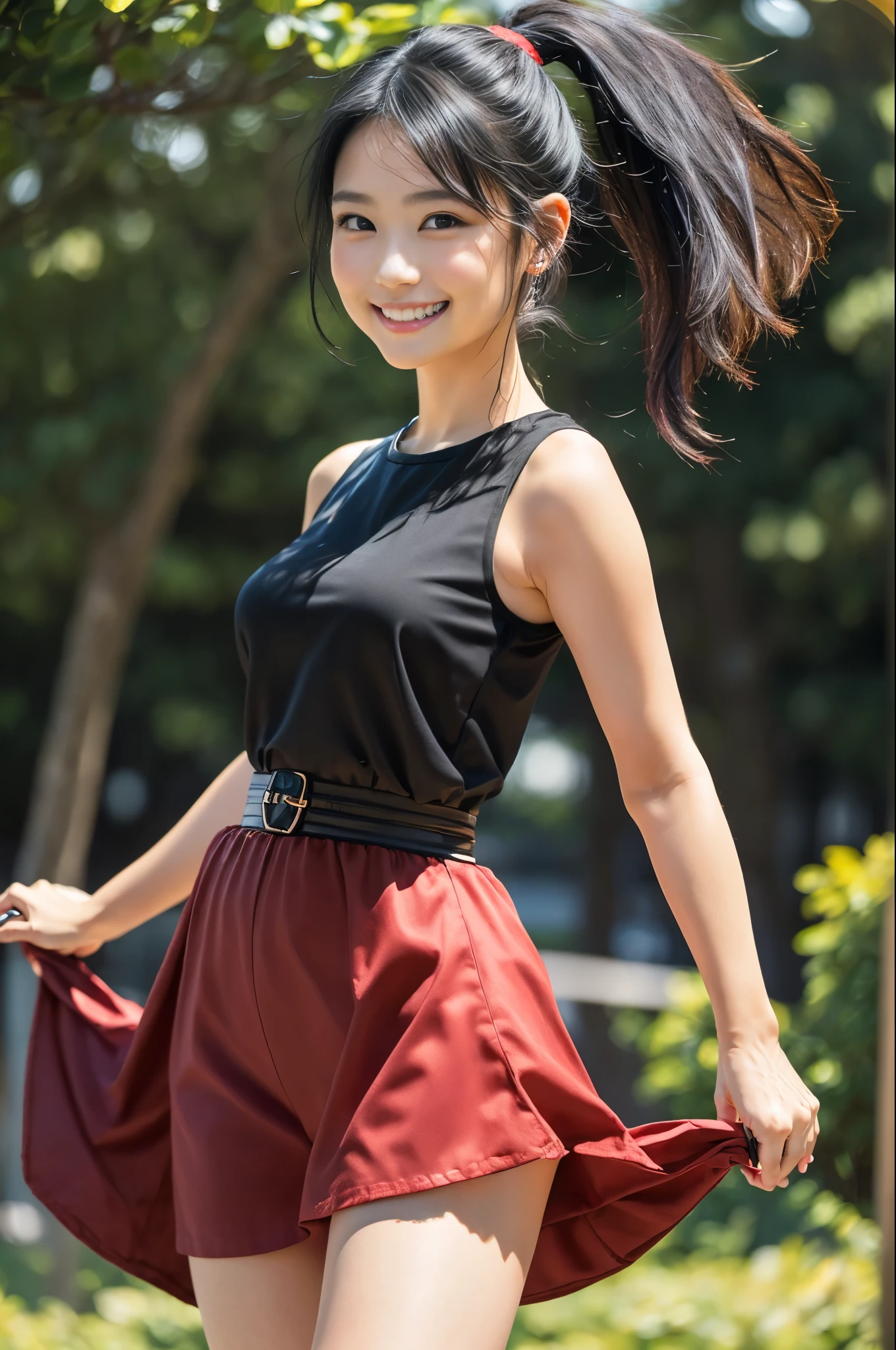 （8K、Raw photography、Highest quality、masterpiece：1.2),(Black Hair、Dark Eyes:1.9),(:1.6)、View your audience,Front view,White skin,(ponytail:1.3)、(Tight waist:1.6)、(Clothes that accentuate the shape of the breasts:1.0)、(Big Breasts :1.3)、Slim figure、Ultra-high resolution,beautiful,beautiful fece,(One person、No background:1.9),whole bodyボディー,Japanese women,（reality的：1.37）、Photon Mapping,reality、(Baby-faced and cute: 1.4)、(Cute Smile: 1.8)、(Round face: 1.8)、Radio City、Physically Based Rendering、Depth of field rally background、photograph, (I can see your knees、Thigh close-up:1.8),（:1.6）,whole body、Great quality
