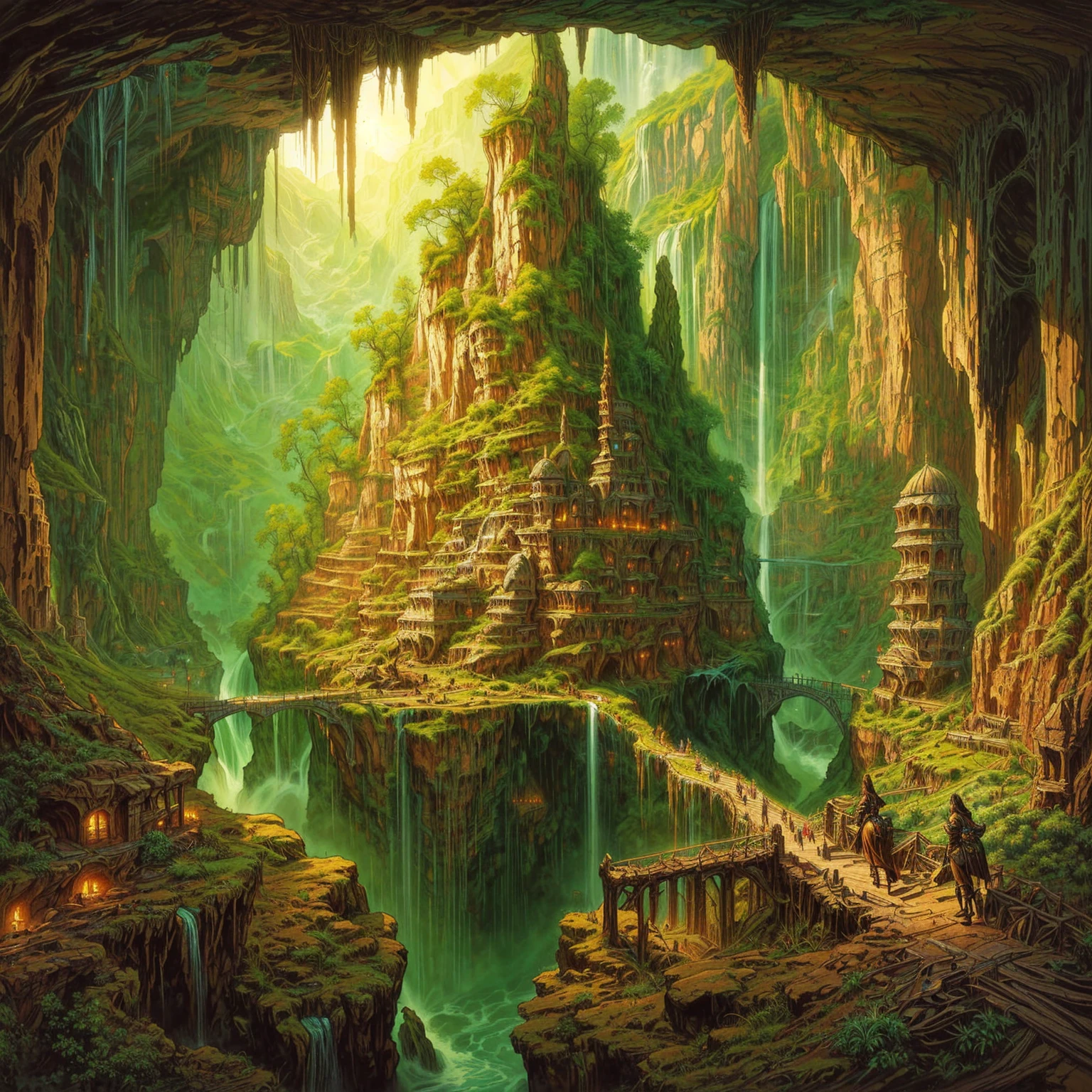 a painting of a cave with a waterfall and a bridge, highly detailed fantasy art, detailed fantasy digital art, beautiful fantasy cave scene, Fantasy art realistic painting, detailed fantasy art, fantasy art landscape, impressive fantasy landscape, breathtaking fantasy art, Wide Angle Fantasy Art, detailed matte fantasy painting, symmetrical epic fantasy art, Fantasy Painting HD, beautiful fantasy painting