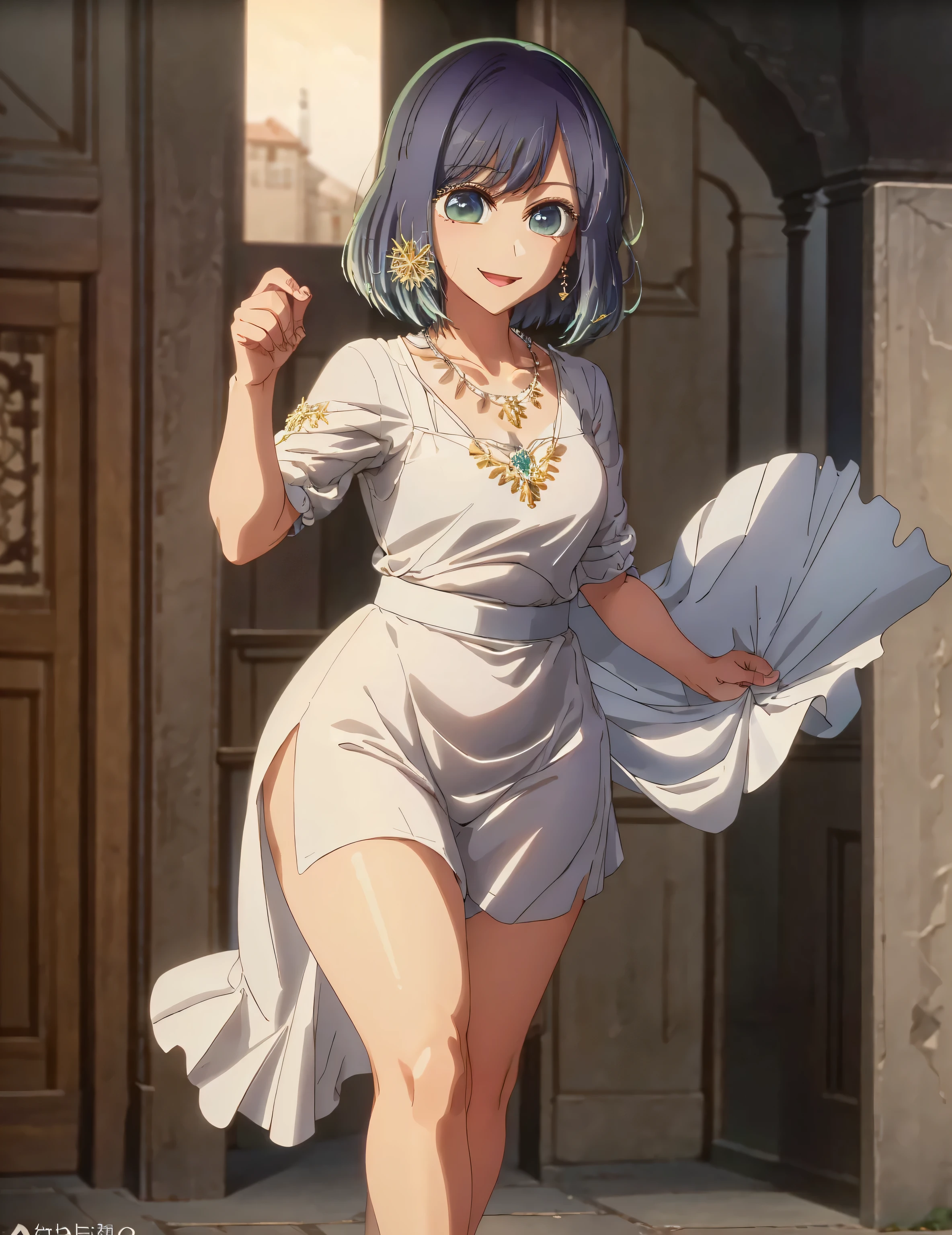 masterpiece, best quality, 1 girl, alone, waltz dress, earrings, necklace, cheerful expression, beautiful smile, detailed facial features, detailed eyes, good body, full body, thick thighs, elegant hall, medieval hall,