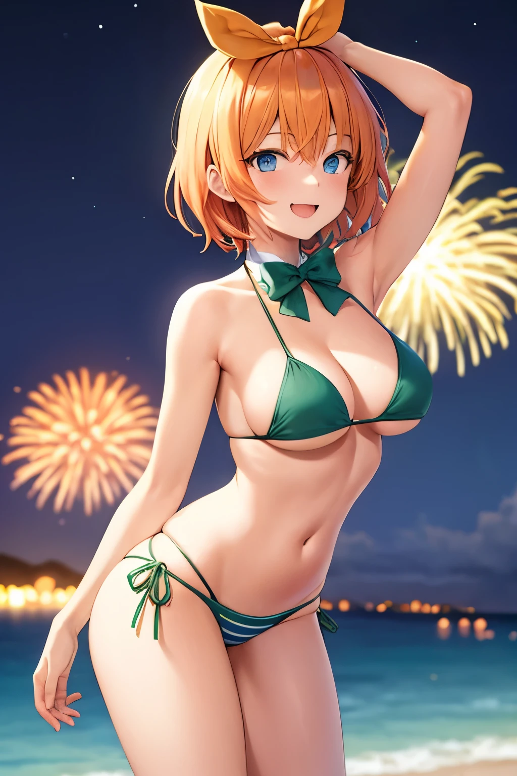 Masterpiece, 4K quality, attractive girl,bikini verde, playa, night sky, Fireworks, contagious smile,blue eyes, green bow on head, short orange neck hair