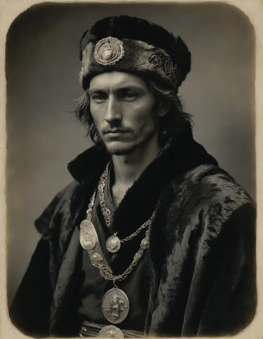 by Moebius, by Théodore Géricault, ((((Rough monochrome, daguerreotype on old paper)))), the composition is: (((a young male Norse brigand, sullen, facing viewer. He is wearing a tiger fur hat. He is wearing a black Mughal caftan with Praetorian elements, sashes, medals, diamond shape pendants))).
