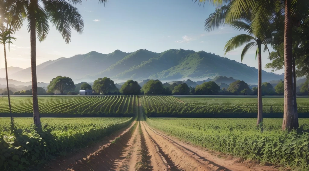 a view of a dirt road leading to a field of crops, idyllic and fertile land, rows of lush crops, lush Agricultural landss, immaculate rows of crops, lush hinterland, connected to nature via vines, an idyllic vineyard, Agricultural lands, jamaica, por Julian Allen, wide view of a farm, hinterland, lush scenery, beautiful scenery, vineyard