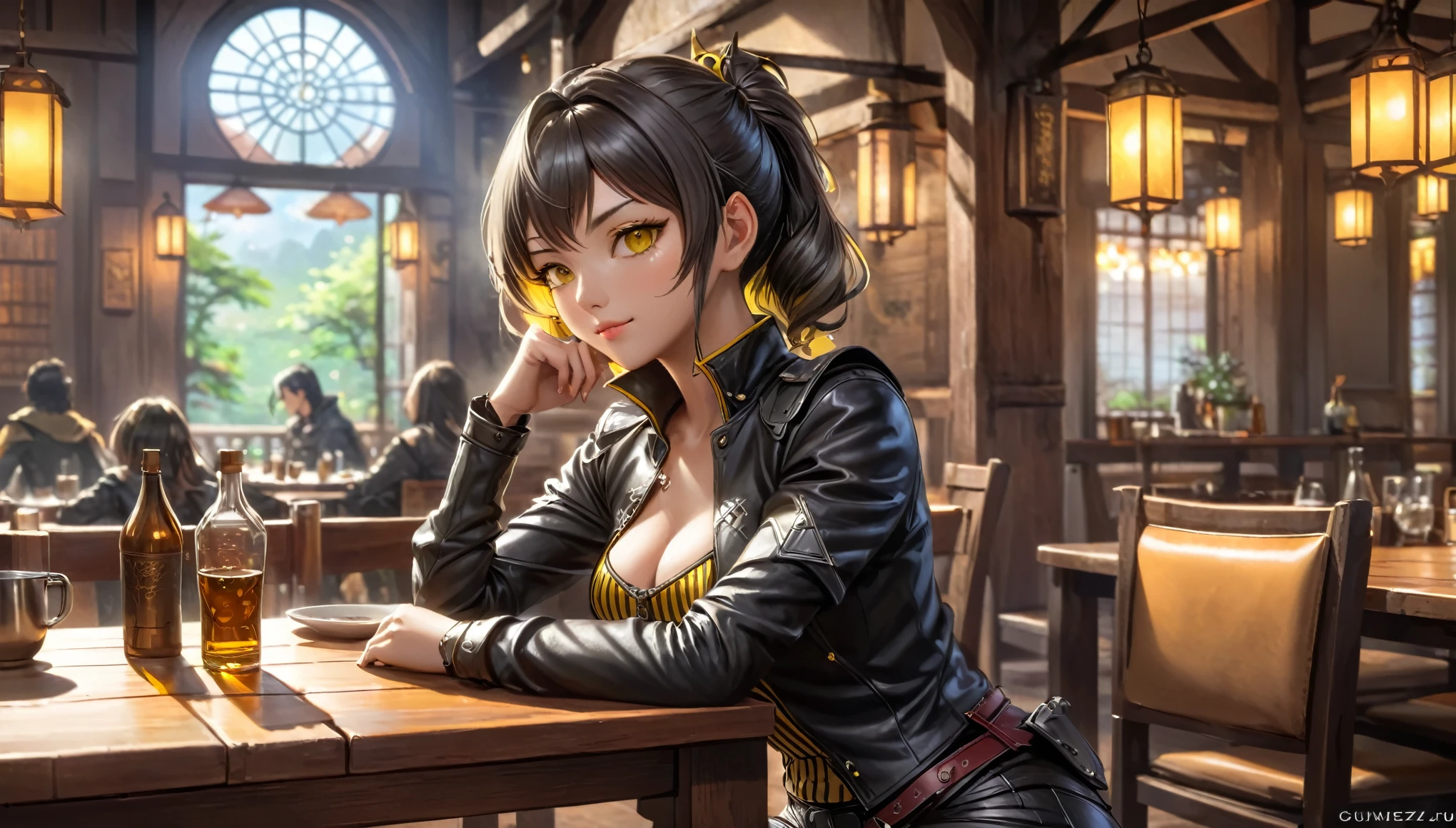 anime scene of a woman in leathers sitting at a table, concept art by Yang J, trending on Artstation, fantasy art, artwork in the style of guweiz, guweiz, hyperrealistic d & d fantasy art, relaxing concept art, 2. 5 d cgi anime fantasy artwork, wlop and krenz cushart, warm fantasy lighting,charcoal and yellow striped
