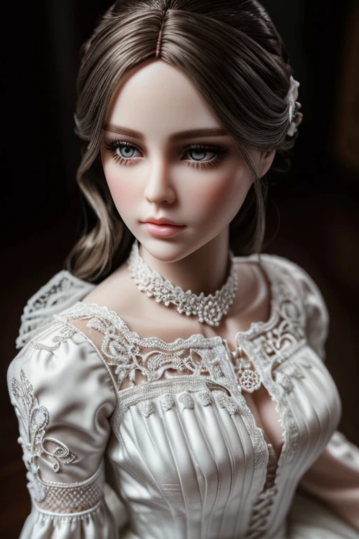 a lifesize porcelain doll,highly detailed intricate porcelain doll face,extremely detailed and realistic porcelain doll, beautiful detailed eyes,beautiful detailed lips,extremely detailed eyes and face,longeyelashes,delicate porcelain skin,intricate lace dress,studio lighting,dramatic lighting,dramatic shadows,moody colors,muted colors,dramatic composition,cinematic lighting,photorealistic,8k,masterpiece,highly detailed