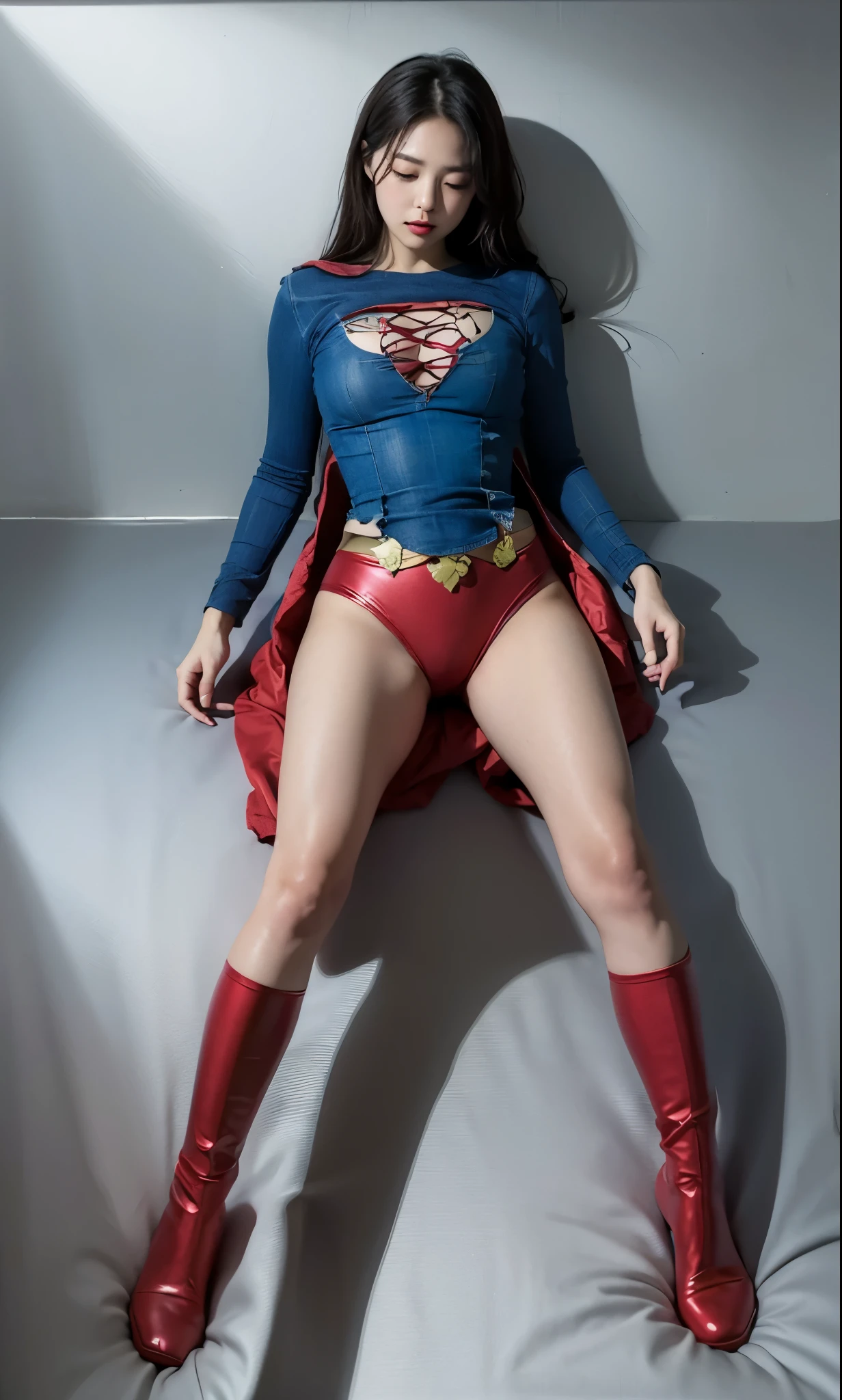 No background、(((yay!)))、(((Sleep alone'Came back)))、(((Please lie on your back)))、 ((((He is sleeping on hiCame back on a stainless steel table。.:1.9))), (close your eyes:1.6), (Unconscious:1.9), (it hurts), (Lost the Battle), (????? on the forehead:1.4), (?????? ??????:1.6),(((Beautiful legs in black tights.)))、(((sufferingの美しさを法的に表現する)))、((((Make the most of your original images)))、(((Supergirl with a confused look)))、(((Supergirl Costume、shabby、Destroyed、Torn)))、(((Supergirl is defeated and bloody)))、(((Beautiful Hair)))、(((suffering)))、(((Please wear black tights.、Wear red boots)))、((Best image quality、8K))、((Highest quality、8K、masterpiece:1.3))、(((Preserve background )))、Sharp focus:1.2、Beautiful woman with perfect figure:1.4、Slim Abs:1.2、Wet body:1.5、Highly detailed face and skin texture、8K