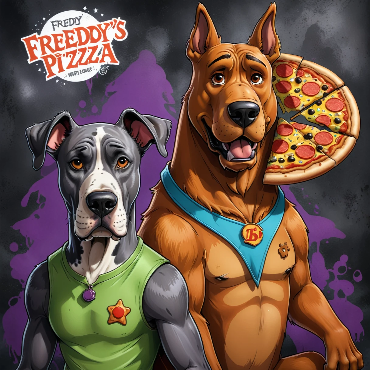 2 characters. cartoon realistic art-style, | with a Shaggy’s_FACE In the body From “Freddy” is a brown animatronic bear and the star attraction of the original (“Freddy Fazbear's Pizza”) separately illustrated next to him sits (((great dane “Scooby-Doo”))). (Dark gray urban decay background), ((more detail, enhanced_art-style)). 32k