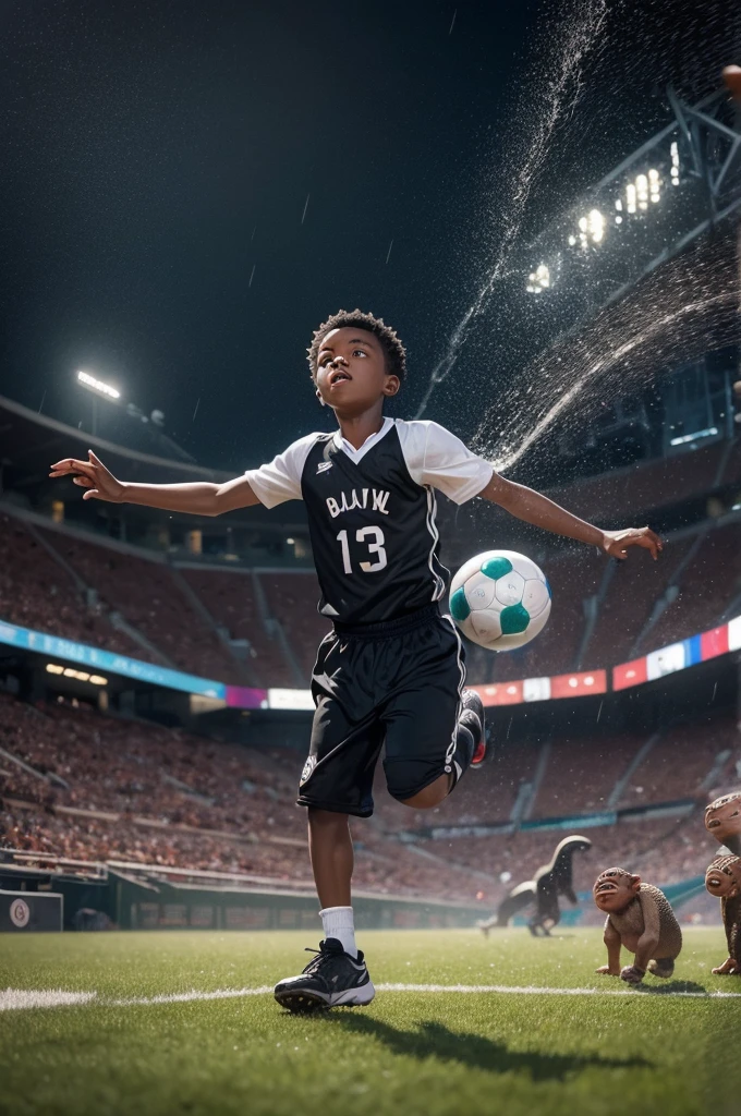 ((best quality)), ((masterpiece)), (detailed), an image of a black boy playing ball, in a stadium but with a rain of baby dinosaurs falling while there are thousands of monkeys in the audience