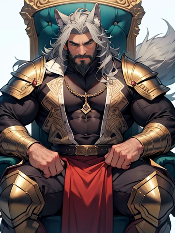 burly virile hairy man, with two wolf ears and a bushy tail, in a suit of armor, middle-aged, hirsute, overmuscular and musclebound, bulging veiny muscles, a warrior's build, a bodybuilder's physique, long bushy and a thick mustache, a square jaw, handsome and dreamy, grey hair, a king on his throne, in regal clothing