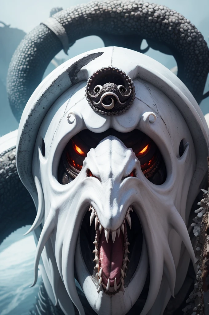 A white mask with a kraken design