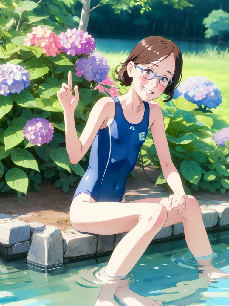 (Superflat, Flat Shading), 1 Girl，10 years old，Baby Face，Very short stature，very small flat chest，Very flat chest that looks like it might expand，Very thin limbs，Thin thighs，Navy school swimsuit， Name tag on chest，Camping on the river，Pee stains:1.2，Glasses，smile，blush，A little embarrassed，early summer，Hydrangea flowers，blue sky，bright，Low Angle，bright色，watercolor，Ghibli style，Accurate and detailed female fingers，