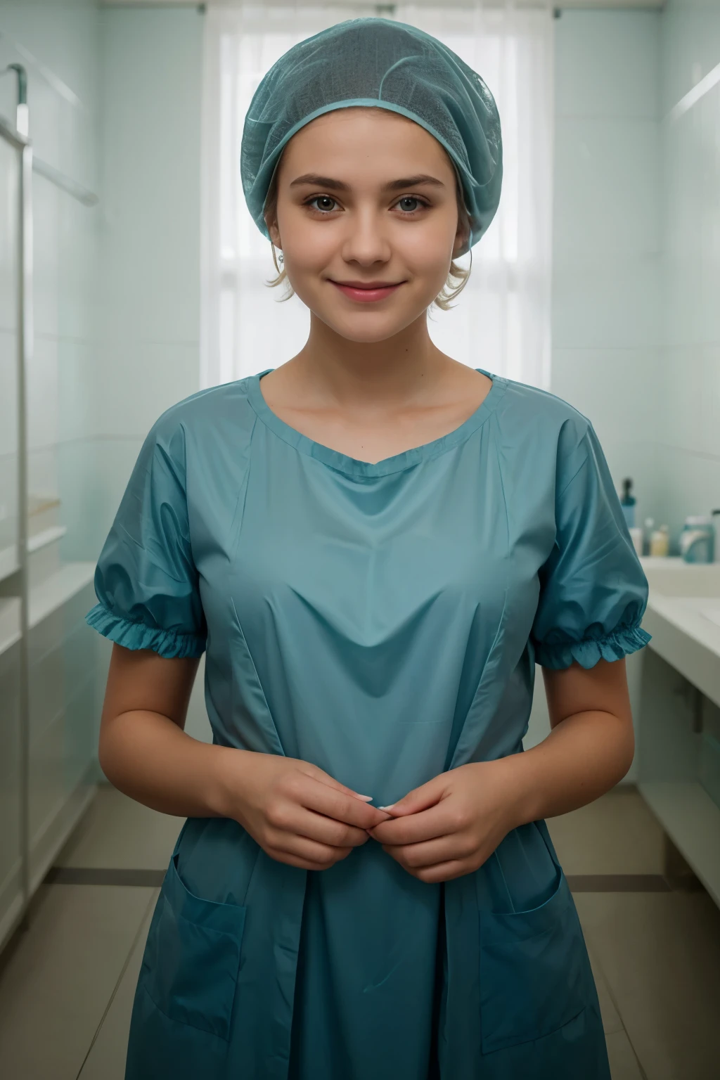 Ultra realistic, Cinematic, swedish teenager girl, 14 years old, pediatric patient, standing in medical changing room, beautiful face, big eyes, big smile, detailed face, wearsteal cotton patient gown, wide angle , bokeh, all wearing large teal nylon bouffant cap, large teal nylon shower cap, large surgical cap covering hair and ears, short hair fully covered by nylon tissue cap, no hair tails, weaing teal patient gown