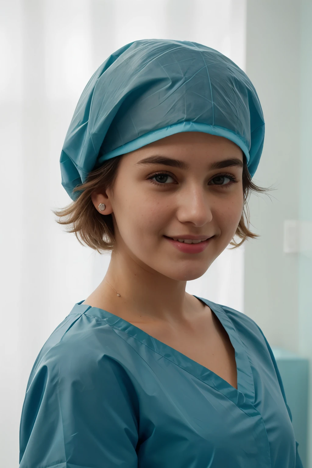 Ultra realistic, Cinematic, swedish teenager girl, 14 years old, pediatric patient, standing in medical changing room, beautiful face, big eyes, big smile, detailed face, wearsteal cotton patient gown, wide angle , bokeh, all wearing large teal nylon bouffant cap, large teal nylon shower cap, large surgical cap covering hair and ears, short hair fully covered by nylon tissue cap, no hair tails, weaing teal patient gown