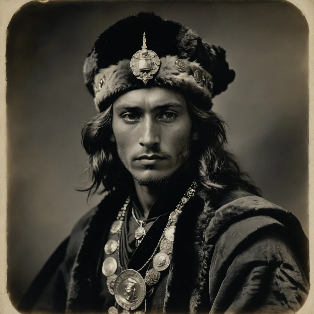 by Moebius, by Théodore Géricault, ((((Rough monochrome, daguerreotype on old paper)))), the composition is: (((a young male Norse brigand, sullen, facing viewer. He is wearing a tiger fur hat. He is wearing a black Mughal caftan with Praetorian elements, sashes, medals, diamond shape pendants))).