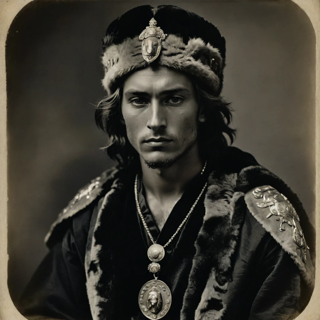 by Moebius, by Théodore Géricault, ((((Rough monochrome, daguerreotype on old paper)))), the composition is: (((a young male Norse brigand, sullen, facing viewer. He is wearing a tiger fur hat. He is wearing a black Mughal caftan with Praetorian elements, sashes, medals, diamond shape pendants))).
