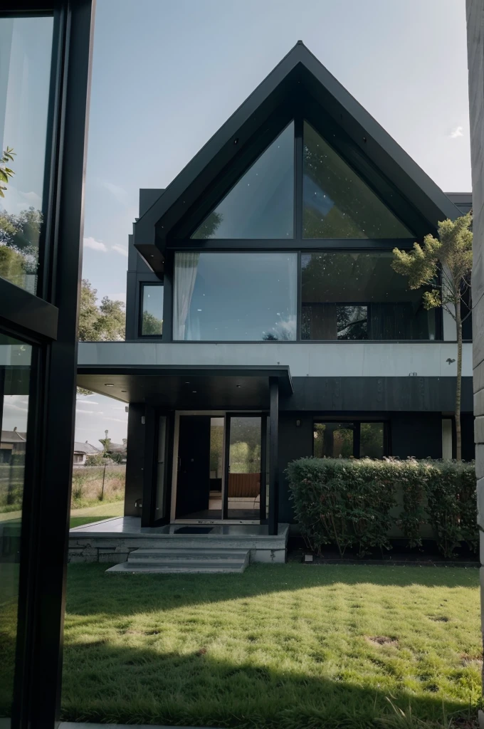 Raw photo of modern architecture, house, Fujifilm XT3, full Shot, high quality, best quality, authentic, super detail, 8k uhd, indoors, dark tone,daylight, sky, tree, grass, natural stone,