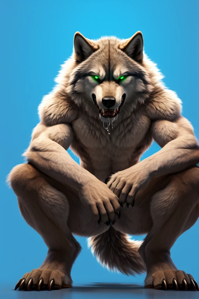 Perspective from below wolf naked male furry legs apart looking down blue background squat pose green eyes serious look claws on knees fluffy tail scars growling salivating