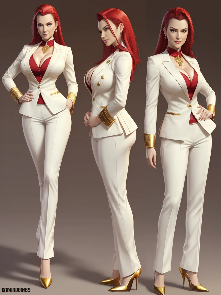((best quality)), ((4k)), ((highres)), ((masterpiece:1.2)). ((detailed)), ((ultra realistic)), ((intricate details)), ((full body picture)), ((character design sheet)), ((blank background)), ((standing in a blank background)), solo character, a full body shot of a sexy pale female, inhuman pale skin, pasty white skin, ((vampire pale skin))), ((ghostly pale skin)), redhead, ((vivid red hair)), slicked back hair, sexy and dangerous, evil smile on her face, ((evil smile)), about 30 years old, about 6'0 ft tall, athletic frame, character concept art, female executive, white blazer suit, white dress pants, work pants, white outfit with black details and gold adornments, ((predominantly white outfit)), ((showing cleavage)), gold office heels, ((gold office heels)), fighting game character concept art, tekken character design, the king of fighters character concept