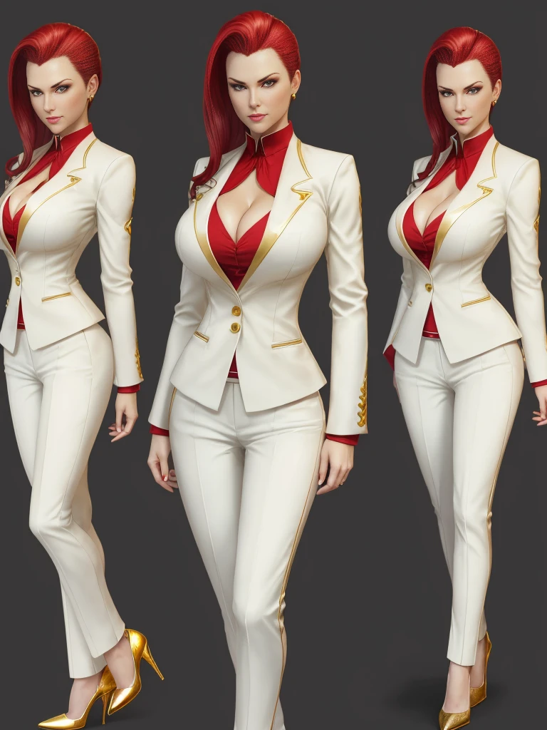 ((best quality)), ((4k)), ((highres)), ((masterpiece:1.2)). ((detailed)), ((ultra realistic)), ((intricate details)), ((full body picture)), ((character design sheet)), ((blank background)), ((standing in a blank background)), solo character, a full body shot of a sexy pale female, inhuman pale skin, pasty white skin, ((vampire pale skin))), ((ghostly pale skin)), redhead, ((vivid red hair)), slicked back hair, sexy and dangerous, evil smile on her face, ((evil smile)), about 30 years old, about 6'0 ft tall, athletic frame, character concept art, female executive, white blazer suit, white dress pants, work pants, white outfit with black details and gold adornments, ((predominantly white outfit)), ((showing cleavage)), gold office heels, ((gold office heels)), fighting game character concept art, tekken character design, the king of fighters character concept