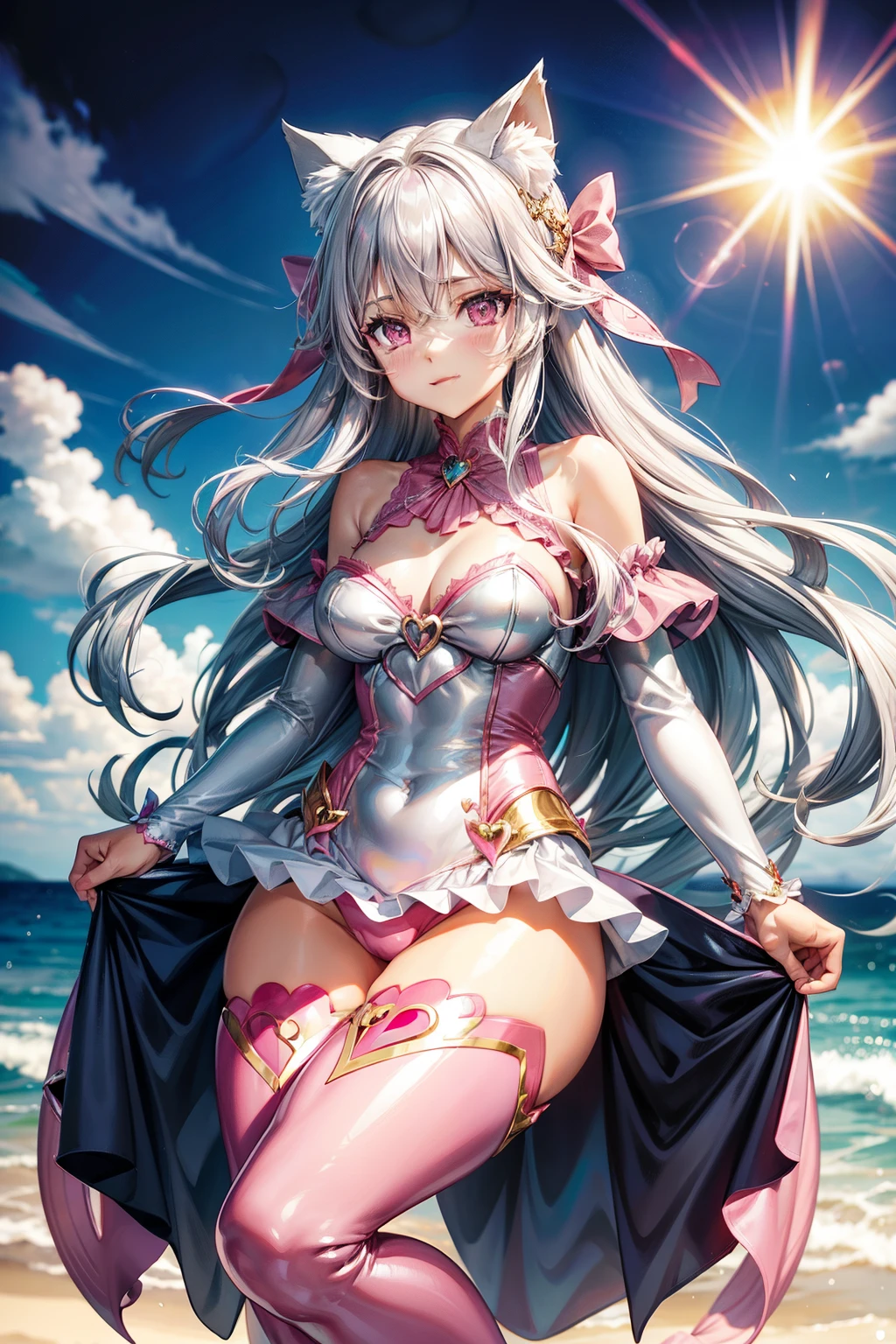 Silver hair, pink eyes, woman, sun and cloud background, pink red gold clothes, hair bows, happy face, mermaid outfit, sexy, cat ears, hearts, floating hearts, thigh up, thigh high tights