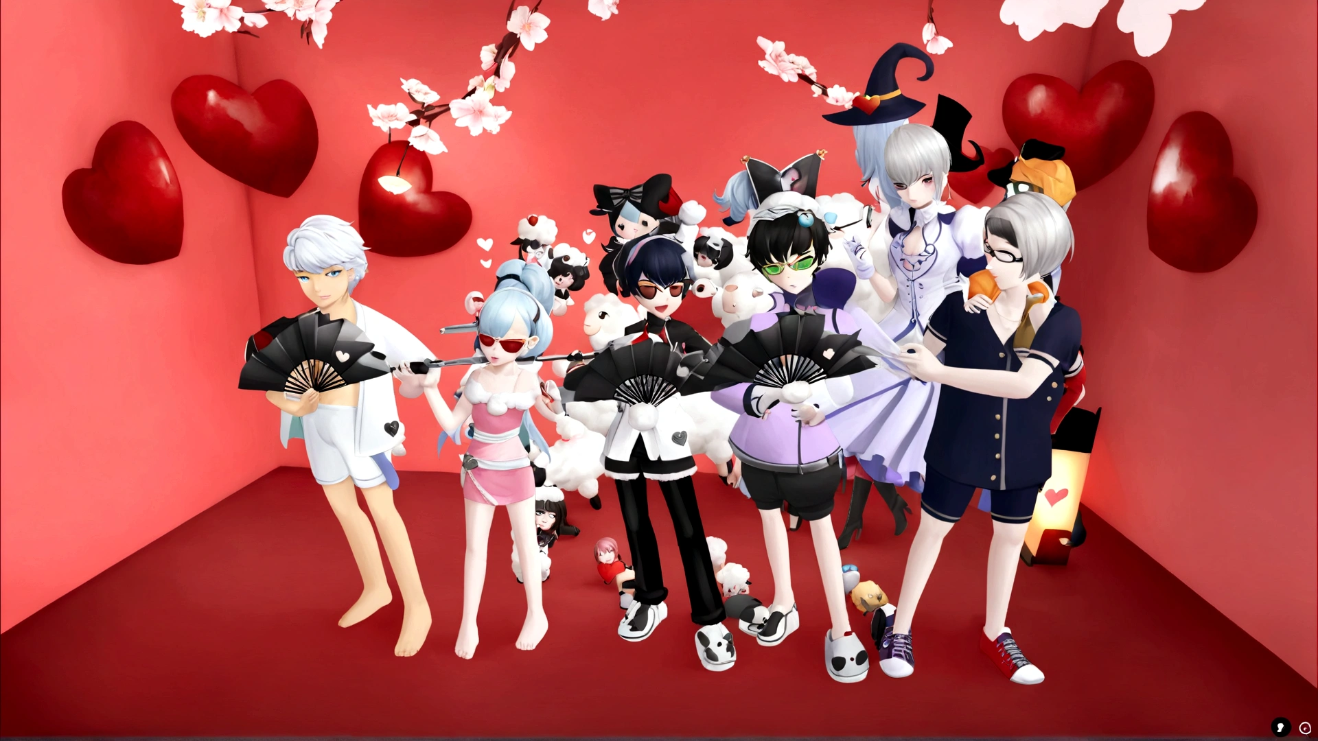 A cartoon character is posing for a photo in a room with hearts., WeChat, Gacha Club inspired game, There are eight anime people., Moon themed costume, sheep, <MMORPGS Scene, 2b, 2b, Black and white tight-fitting coat!, Persona 5 styles, Pixieve 3dcg, Each wore period correct clothing., second life avatar