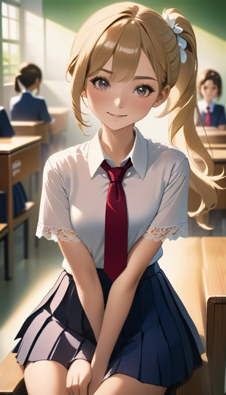 (masterpiece:1.3, Highest quality, Ultra-high resolution, Very detailed), (Realistic, photoRealistic:1.4), Beautiful illustrations, Perfect lighting, Natural light, colorful, Written boundary depth, NFSW,
View your viewers, 1 Girl, Japanese, high school girl, Perfect Face, Cute and symmetrical face, Shiny skin, Sunburned skin,
(Bob Hair, Blonde), Hair between the eyes, blue eyes, (Large Breasts, seductive Thighs, Big Ass), Thighs, sum,
Beautiful Hair, Beautiful Face, Beautiful attention to detail, Beautiful clavicle, Beautiful body, Beautiful breasts, 美しいThighs, Beautiful feet, Beautiful fingers,
(Beautiful views), ((A dynamic pose)), (School uniform), (Captivating smile,)
