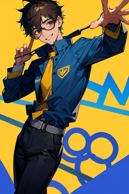 a teenage boy with employee clothes and a smile on his face with glasses