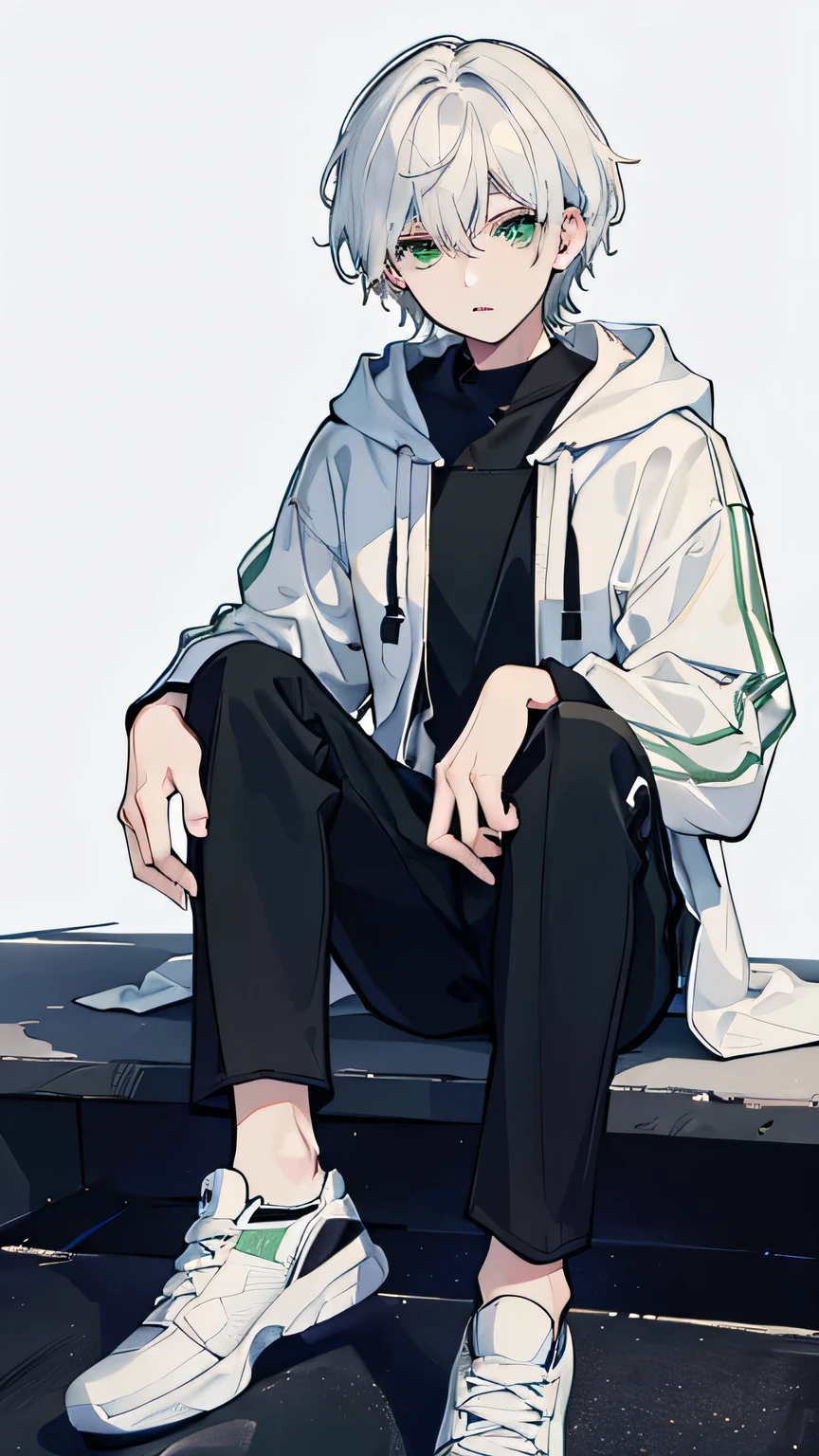 masterpiece, Facial details, Very detailed, 8K, Modern Style, ((One young man)), woman, Short white hair, Green Eyes, White hoodie, Black trousers, I can see the shoes, White Background, joy, sit down,
