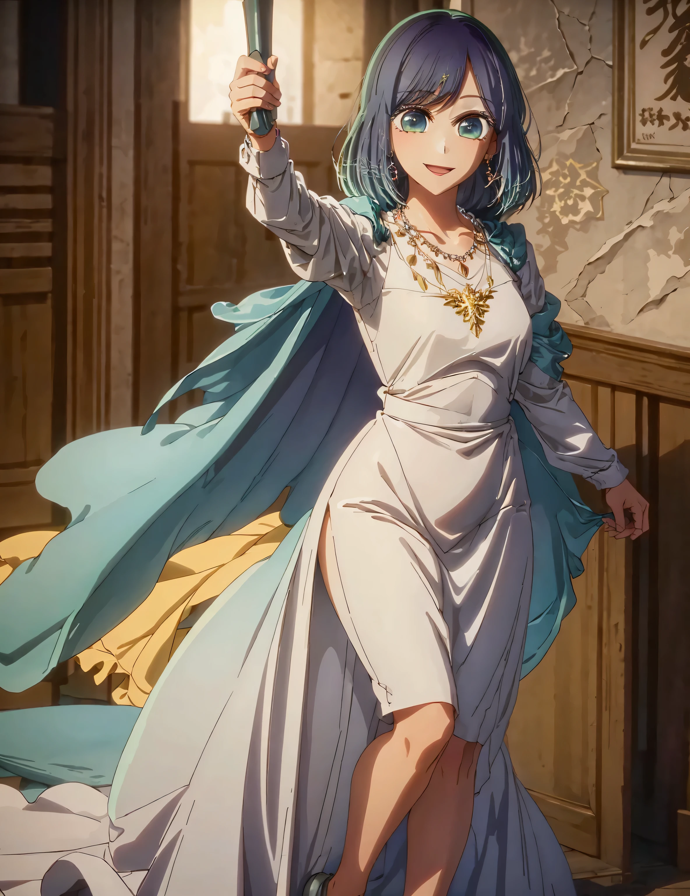 masterpiece, best quality, 1 girl, alone, waltz dress, earrings, necklace, cheerful expression, beautiful smile, detailed facial features, detailed eyes, good body, full body, elegant hall, medieval hall,