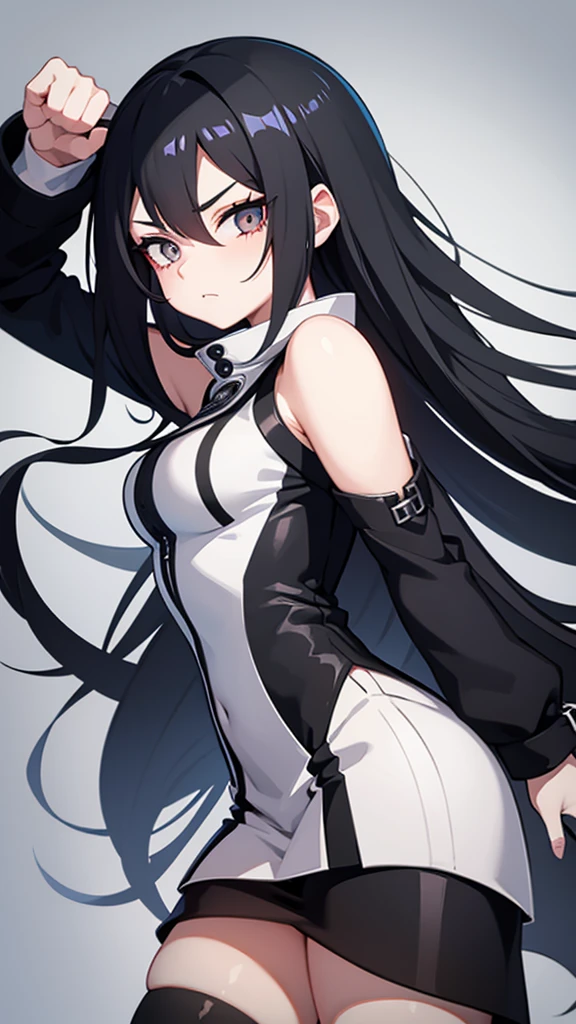 （Highest quality）,Japanese,Long Black Hair,Hime cut,Very flat chest,Very thin body,White tank top,Leather skirt,boots,Gloves,Elbow Guard､suspenders