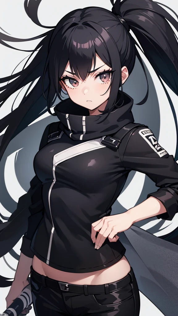 Extremely angry tomboy girl ,super attractive and strong personality black coat outfit and black white hair,red eye athletic body