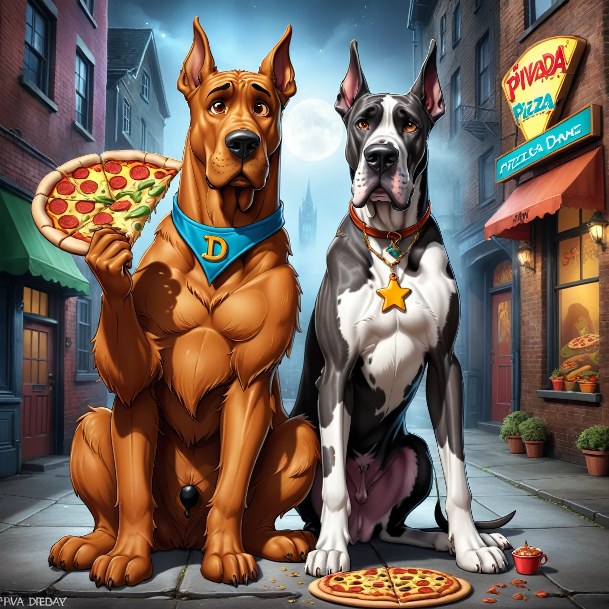 2 characters. cartoon realistic art-style, | with a Shaggy’s_FACE In the body From “PIVA” is a “brown animatronic bear” and the star attraction of the original (“Piva Pizza”) separately illustrated next to him sits (((great dane “Scooby-Doo”))). (Dark gray urban decay background), ((more detail, enhanced_art-style)). 32k