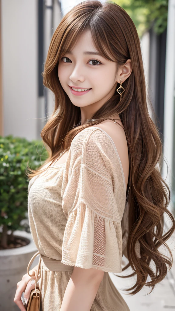 Ultra-high resolution, Superior Quality, Highest quality, Very detailed, Realistic, 8K, RAW Photos, Highest quality, masterpiece, Attractive girl, Awesome girl, Light brown hair、Wavy Hair、 hairstyle semi long、Mesh Hair, Japanese Idols, ear piercing、Necklace around the neck、blouse、smile、