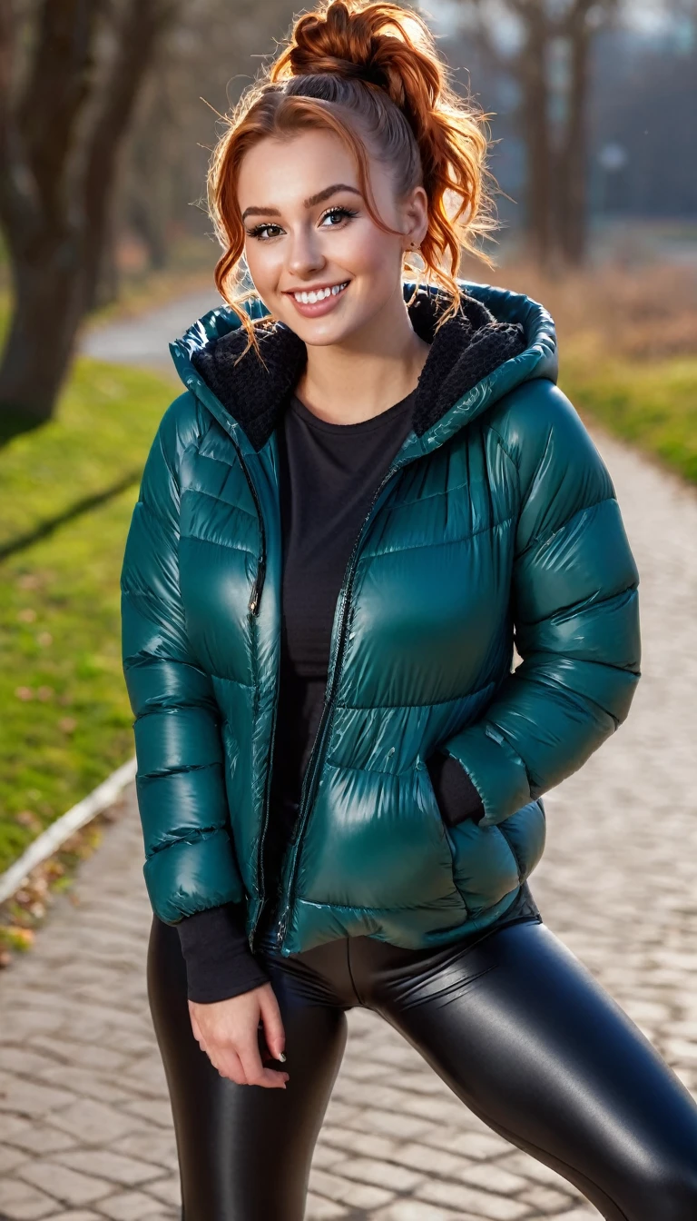 ultrarealistic high quality full body photo of a beautiful busty slim european 25-year-old woman with cute hyperdetailed shy face and natural redhead messy bun hair and shy smile , realistic round hazel eyes, natural lips, dark eye makeup with eyeliner, wearing casual hoodie with shiny puffer jacket and latex leggins, hourglass body, outdoor photography, tanned