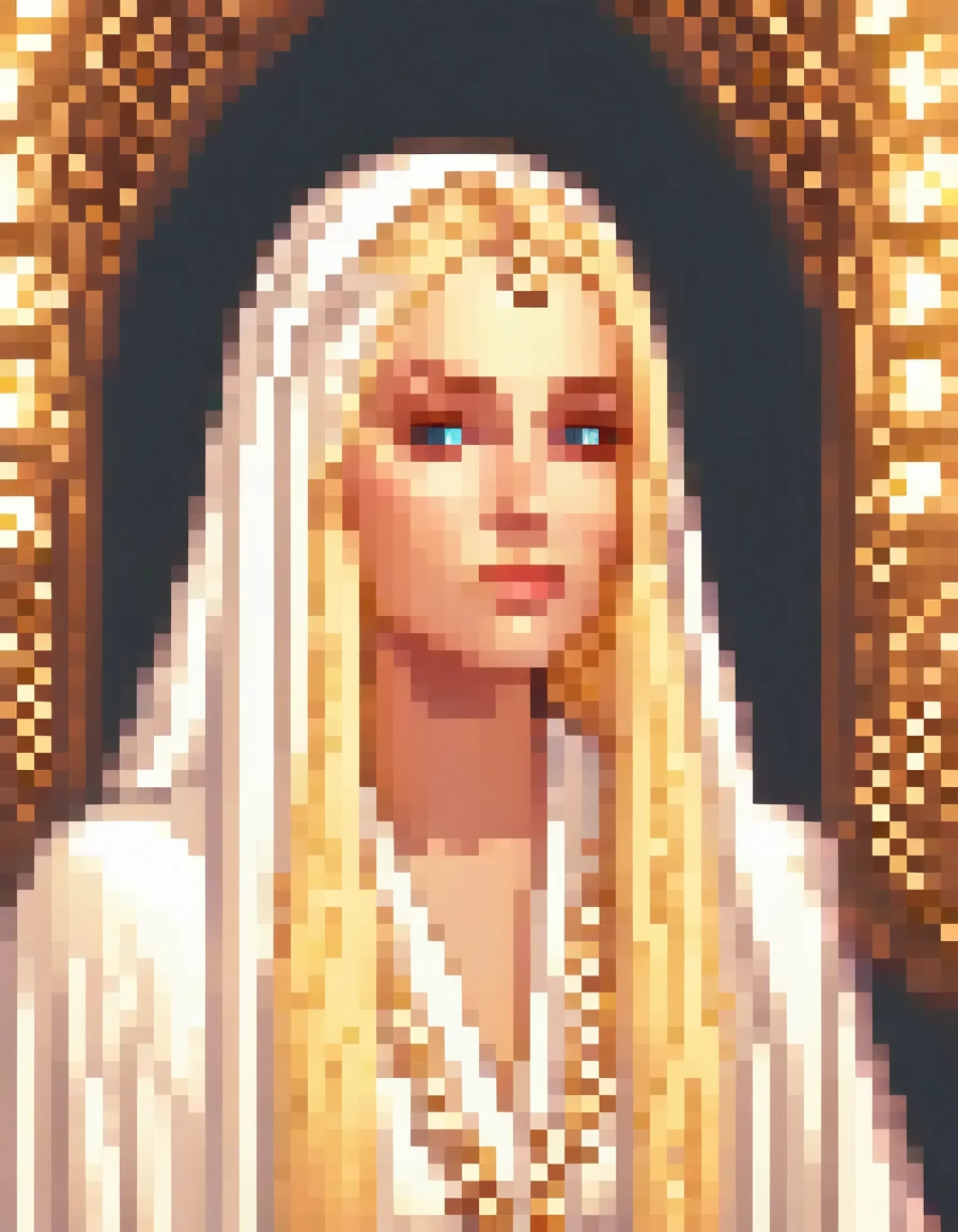 a stunning beautiful blonde girl, detailed eyes, beautiful detailed lips, extremely detailed face and features, long eyelashes, radiant healing powers, holy white robes, soft glowing light, intricate pixel art style, highly detailed, masterpiece, 8k, photorealistic, portrait, fantasy, magical, ethereal, cinematic lighting, dramatic contrast, vivid colors, digital painting