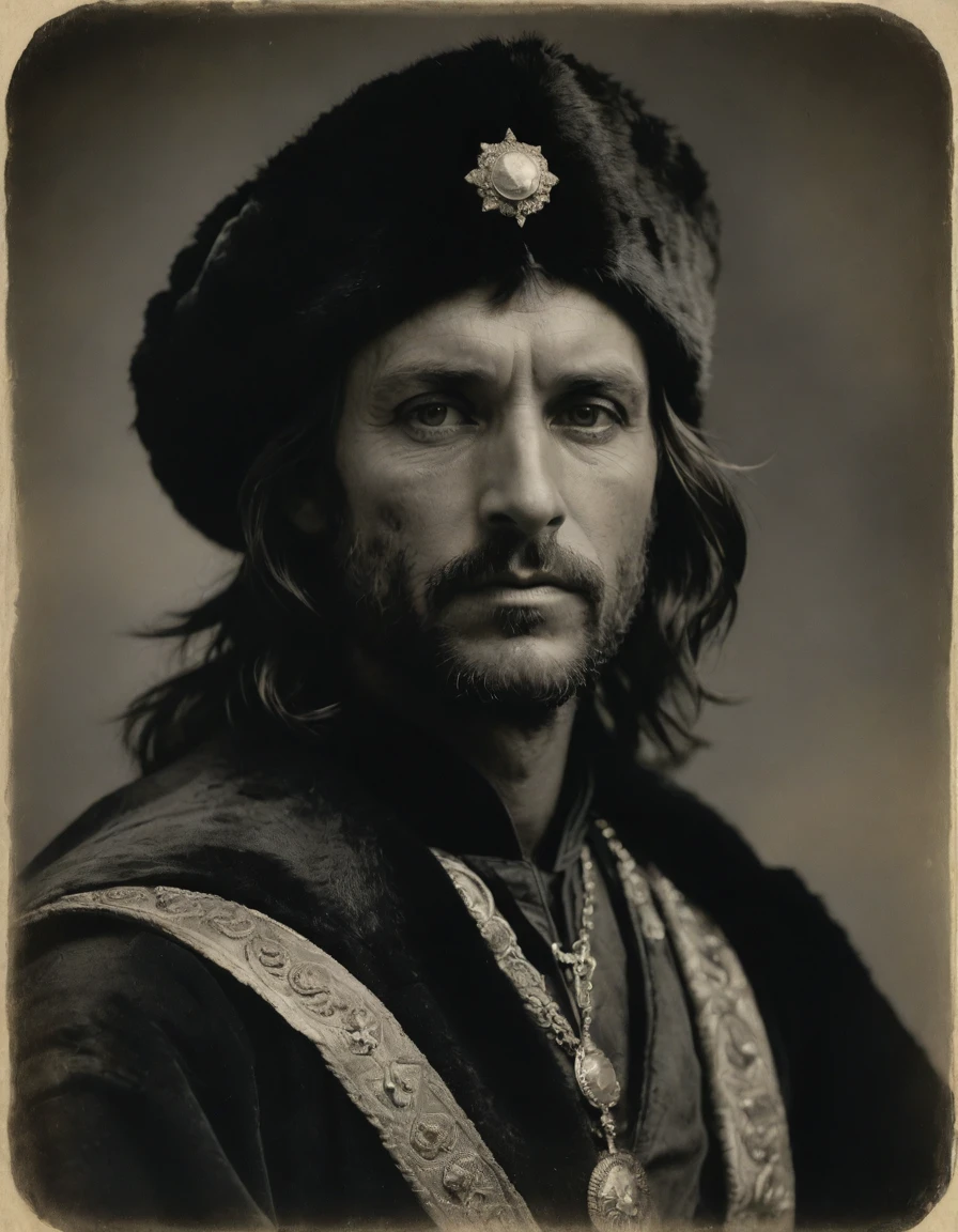 by Moebius, by Théodore Géricault, ((((Rough monochrome, daguerreotype on old paper)))), the composition is: (((Aragorn, sullen, facing viewer. He is wearing a fur hat. He is wearing a black Mughal caftan with Praetorian elements, sashes, medals, diamond shape pendants))).